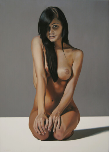 Schilderij getiteld "Nude II" door Valeri Tsvetkov, Origineel Kunstwerk, Olie Gemonteerd op Frame voor houten brancard