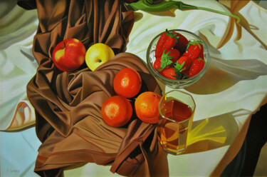 Still life with strawberries Painting titled "Still life with str…" by Valeri Tsvetkov, Original Artwork, Oil Mounted on Wood Stretcher frame