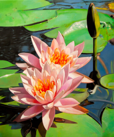 Painting titled "Water lillies" by Valeri Tsvetkov, Original Artwork, Oil Mounted on Wood Stretcher frame