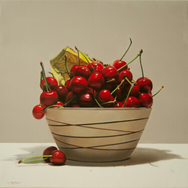 Painting titled "A bowl with cherries" by Valeri Tsvetkov, Original Artwork, Oil Mounted on Wood Stretcher frame