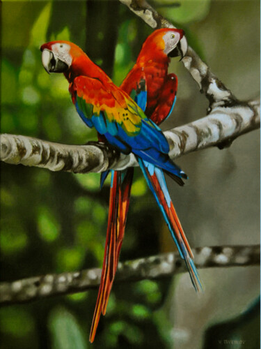 Painting titled "Parrots" by Valeri Tsvetkov, Original Artwork, Oil Mounted on Wood Stretcher frame