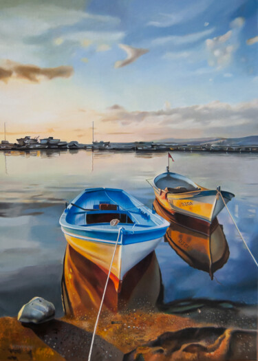 Картина под названием "Landscape, Boats Pa…" - Valeri Tsvetkov, Подлинное произведение искусства, Масло Установлен на Деревя…