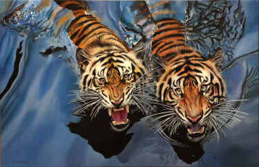 Malerei mit dem Titel "Swimming Tigers Ori…" von Valeri Tsvetkov, Original-Kunstwerk, Öl