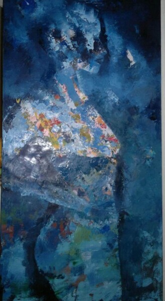 Schilderij getiteld "Blue woman" door Valeria Gallero, Origineel Kunstwerk, Olie Gemonteerd op Frame voor houten brancard