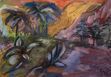 Malarstwo zatytułowany „La mer et les monta…” autorstwa Valeria Jaramillo, Oryginalna praca, Gwasz