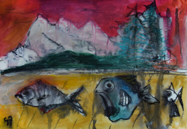 Картина под названием "La mer et les monta…" - Valeria Jaramillo, Подлинное произведение искусства, Гуашь