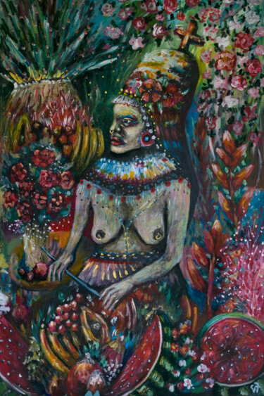 Картина под названием "La femme aux fleurs" - Valeria Jaramillo, Подлинное произведение искусства, Акрил