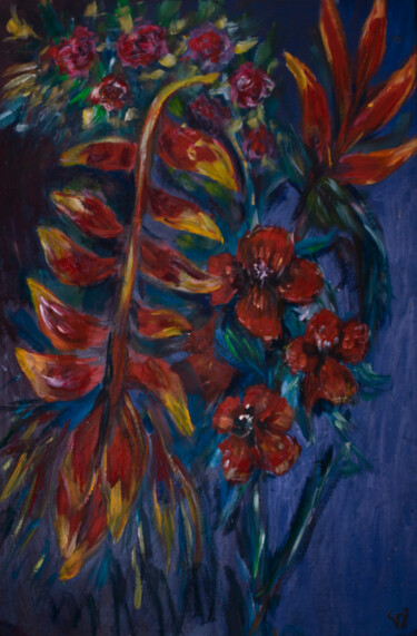 Ζωγραφική με τίτλο "Heliconias et fleur…" από Valeria Jaramillo, Αυθεντικά έργα τέχνης, Ακρυλικό