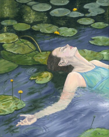 Painting titled "Girl in water lilies" by Valeria Koroleva, Original Artwork, Oil Mounted on Wood Stretcher frame