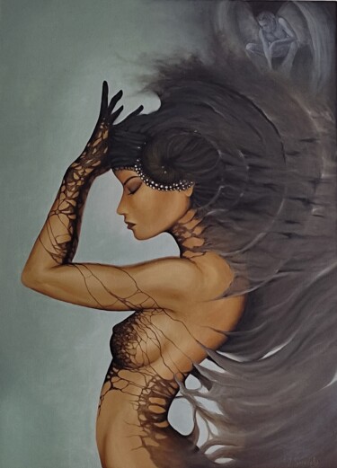Painting titled "девушка и ангел" by Valeriia Bulgakova, Original Artwork, Oil Mounted on Wood Stretcher frame