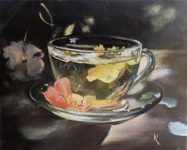 Painting titled "Cup of Tee" by Valeriia Radziievska, Original Artwork, Oil Mounted on Wood Stretcher frame