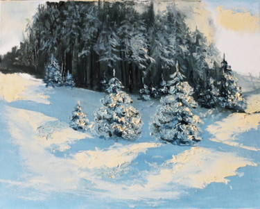 Painting titled "Winter Trees" by Valeriia Radziievska, Original Artwork, Oil Mounted on Wood Stretcher frame