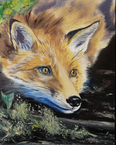 Painting titled "Yellow Fox" by Valeriia Radziievska, Original Artwork, Oil Mounted on Wood Stretcher frame