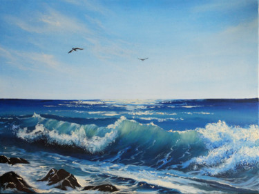 Painting titled "Hello, Sea!" by Valeriia Radziievska, Original Artwork, Oil Mounted on Wood Stretcher frame