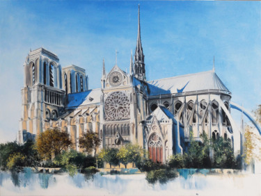 Painting titled "Notre Dame de Paris" by Valeriia Radziievska, Original Artwork, Oil Mounted on Wood Stretcher frame