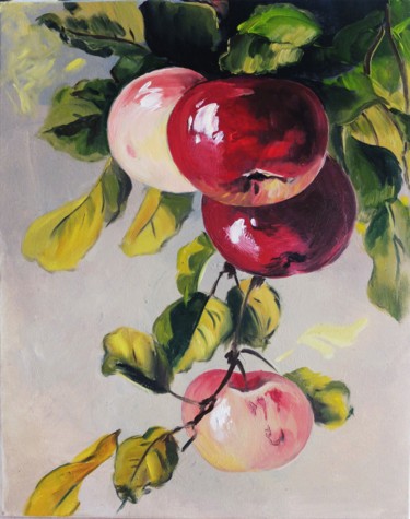 Painting titled "Apples" by Valeriia Radziievska, Original Artwork, Oil Mounted on Wood Stretcher frame
