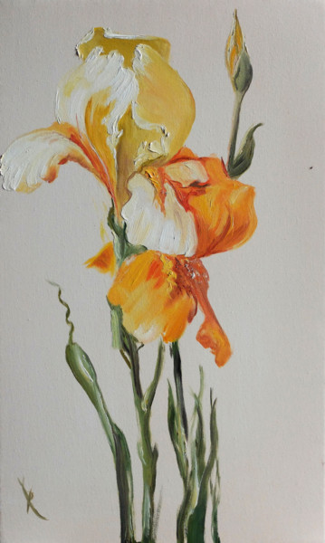 Painting titled "Yellow Irises" by Valeriia Radziievska, Original Artwork, Oil Mounted on Wood Stretcher frame