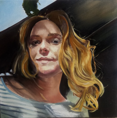 Painting titled "Self-portrait in th…" by Valeriia Radziievska, Original Artwork, Oil Mounted on Wood Panel