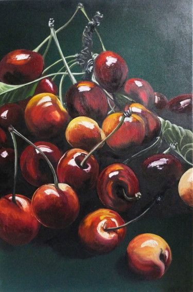 Painting titled "Cherry Balls" by Valeriia Radziievska, Original Artwork, Oil Mounted on Wood Stretcher frame