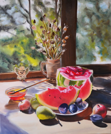 Painting titled "Still Life with a W…" by Valeriia Radziievska, Original Artwork, Oil Mounted on Wood Stretcher frame