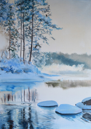 Painting titled "Winter Morning" by Valeriia Radziievska, Original Artwork, Oil Mounted on Wood Stretcher frame