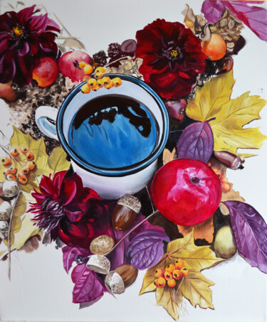 Painting titled "Autumn Coffee with…" by Valeriia Radziievska, Original Artwork, Oil Mounted on Wood Stretcher frame