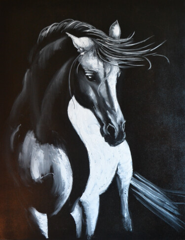 Painting titled "White Horse: Illumi…" by Valeriia Radziievska, Original Artwork, Oil Mounted on Wood Stretcher frame