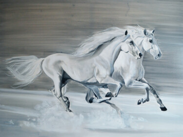 Painting titled "Magic White: Two Ho…" by Valeriia Radziievska, Original Artwork, Oil Mounted on Wood Stretcher frame