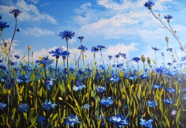 Painting titled "Cornflower Field" by Valeriia Radziievska, Original Artwork, Oil Mounted on Wood Stretcher frame