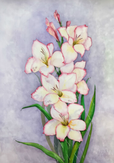 Картина под названием "Gladiolus in the Ra…" - Valeria Belogurova, Подлинное произведение искусства, Акварель