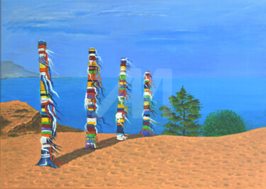 Ritual Pillars, Baikal lake, lake landscape Peinture intitulée "Ritual Pillars, Bai…" par Valeria Belogurova, Œuvre d'art originale, Acrylique