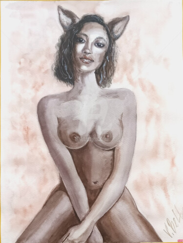 Painting titled "Lady Cat, female nu…" by Valeria Belogurova, Original Artwork, Watercolor