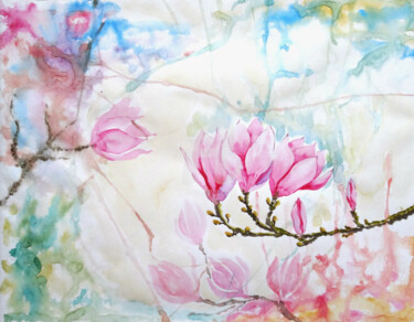 Painting titled "Magnolia, pink flow…" by Valeria Belogurova, Original Artwork, Watercolor