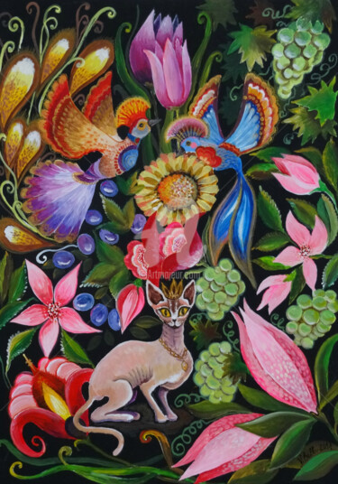 Pittura intitolato "Cat in The Garden,p…" da Valeria Belogurova, Opera d'arte originale, Acrilico