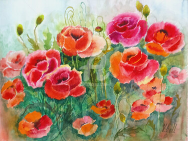 Painting titled "Flaming Poppies, po…" by Valeria Belogurova, Original Artwork, Watercolor