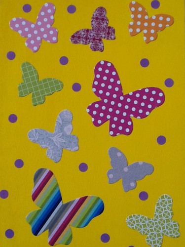 Malerei mit dem Titel "Collage papillons 1" von Valerie Castets, Original-Kunstwerk, Acryl