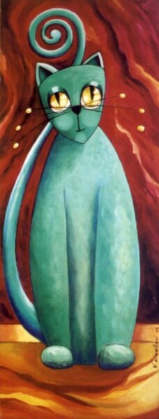 Painting titled "Le chat turquoise" by Valerie Albertosi, Original Artwork, Oil