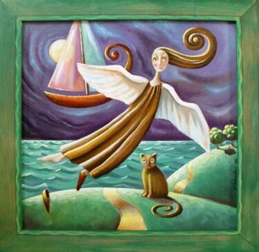 Painting titled "L'ange et le bateau…" by Valerie Albertosi, Original Artwork, Acrylic