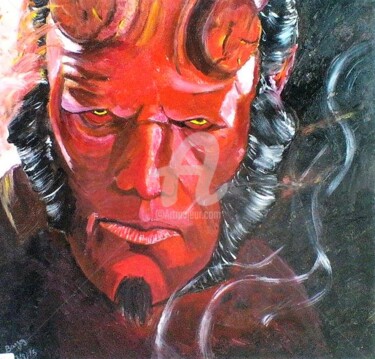 Painting titled "HellBoy" by Valérie Barrett, Original Artwork, Acrylic Mounted on Wood Stretcher frame