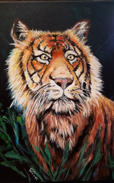 Schilderij getiteld "Tiger" door Valérie Barrett, Origineel Kunstwerk, Acryl Gemonteerd op Frame voor houten brancard