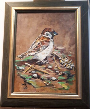 Painting titled "Moineau" by Valérie Barrett, Original Artwork, Acrylic Mounted on Wood Stretcher frame