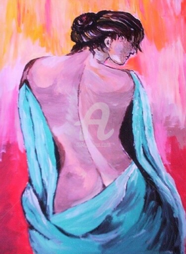 Painting titled "Nu Au Drap bleu" by Valérie Barrett, Original Artwork