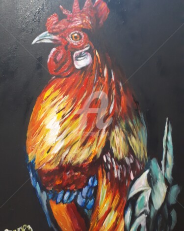 Painting titled "Coq" by Valérie Barrett, Original Artwork, Acrylic