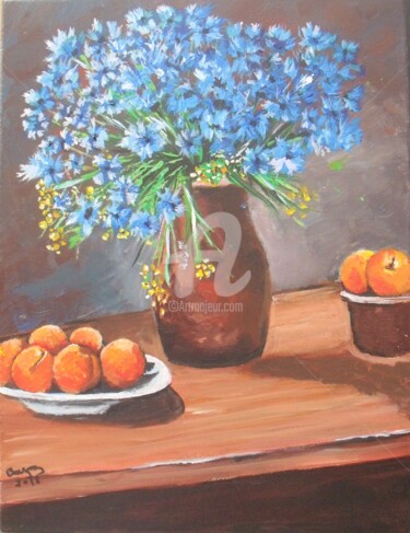 Painting titled "Bleuets et Abricots" by Valérie Barrett, Original Artwork, Acrylic