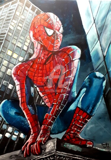 Schilderij getiteld "Spiderman" door Valérie Barrett, Origineel Kunstwerk, Acryl Gemonteerd op Frame voor houten brancard