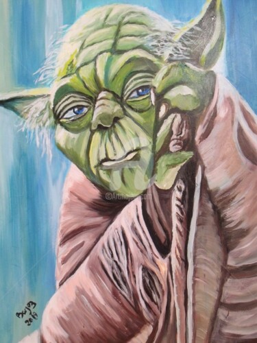 Painting titled "Maître Yoda" by Valérie Barrett, Original Artwork, Acrylic Mounted on Wood Stretcher frame
