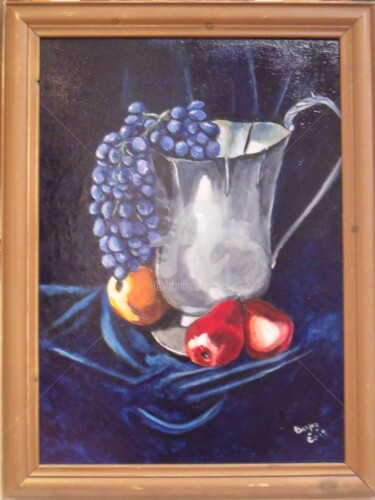 Painting titled "Silver Jug and frui…" by Valérie Barrett, Original Artwork, Acrylic Mounted on Wood Panel