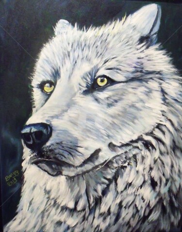 Painting titled "White Wolf" by Valérie Barrett, Original Artwork, Acrylic Mounted on Wood Stretcher frame