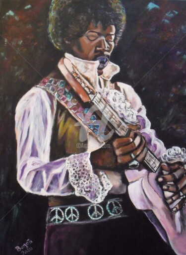 Schilderij getiteld "Jimmy Hendrix" door Valérie Barrett, Origineel Kunstwerk, Acryl Gemonteerd op Frame voor houten brancard