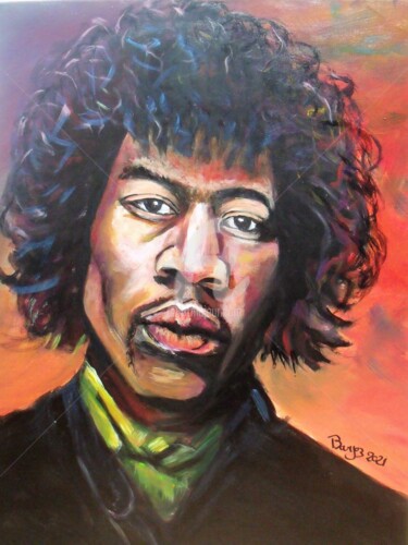 Malerei mit dem Titel "Jimi Hendrix" von Valérie Barrett, Original-Kunstwerk, Acryl Auf Keilrahmen aus Holz montiert